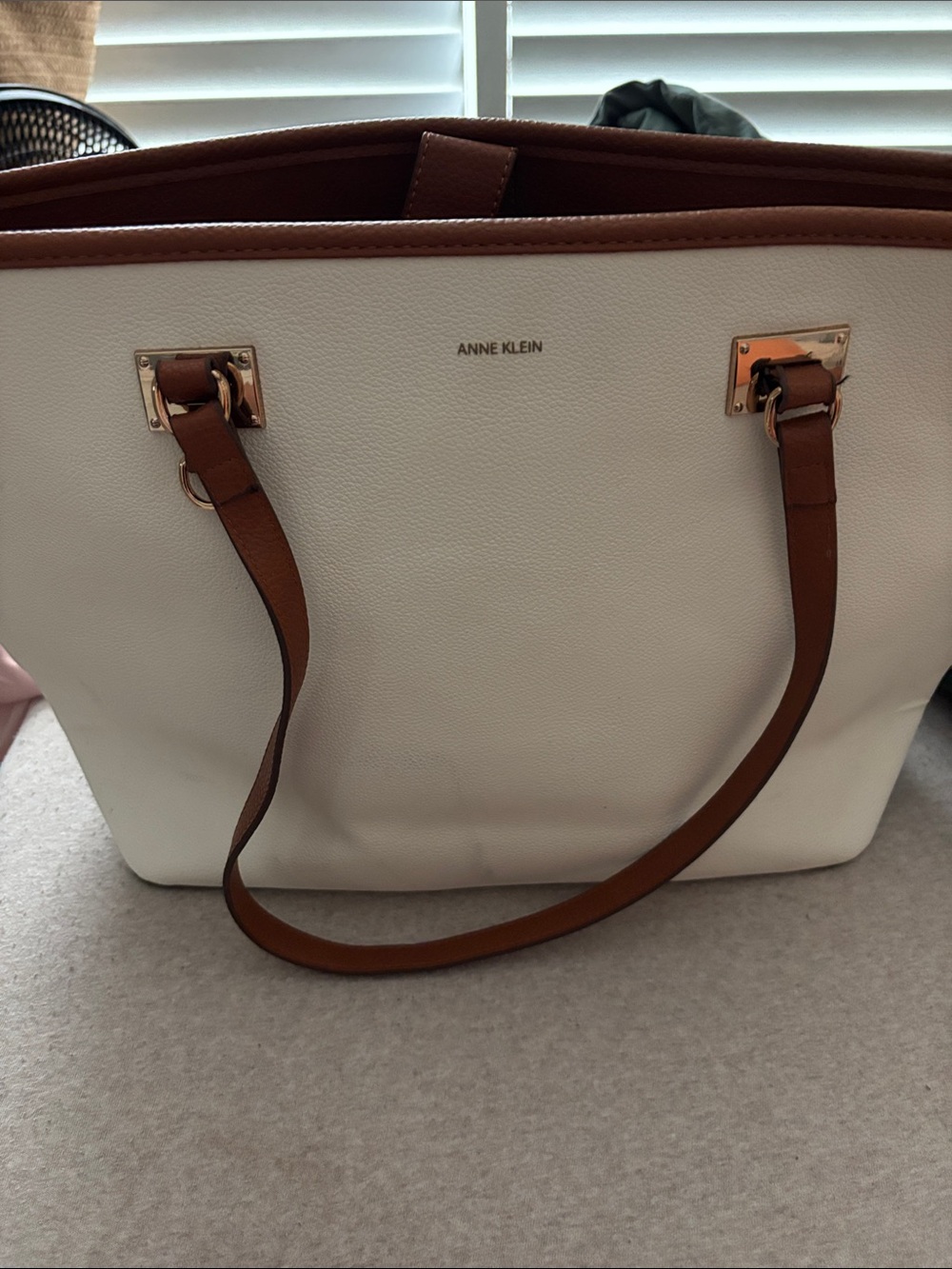 Anne Klein White Tote with Brown Trim and Gold Hardware